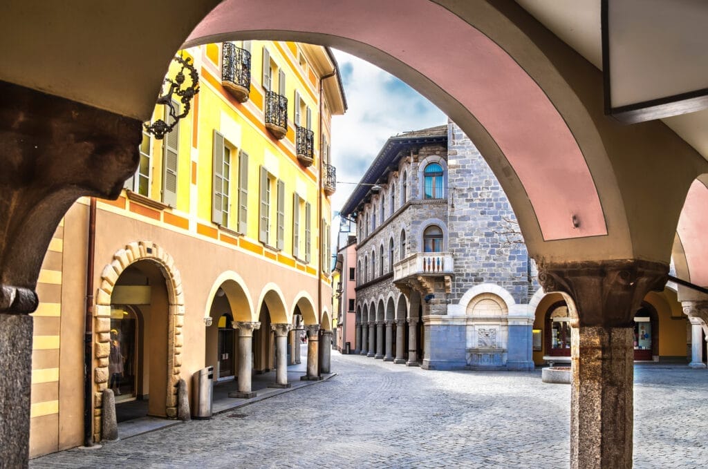 Interior courtyard of the Neo Romanesque Palazzo Civico, the tow