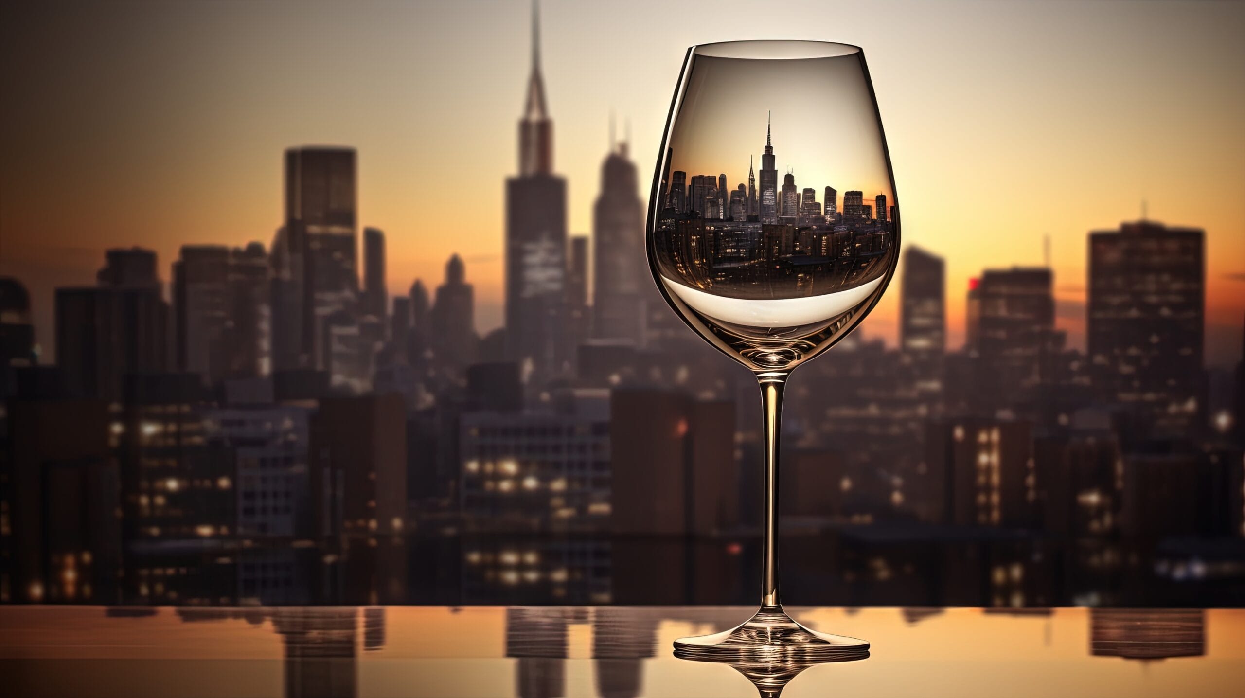 a glass of wine with a city skyline in the background. generative ai