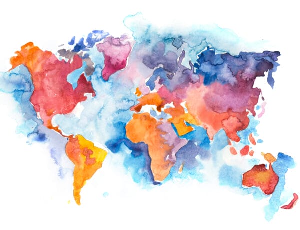 Map of the world with oceans and seas. Watercolor hand drawn