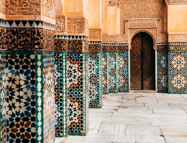 colorful ornamental tiles at moroccan courtyard