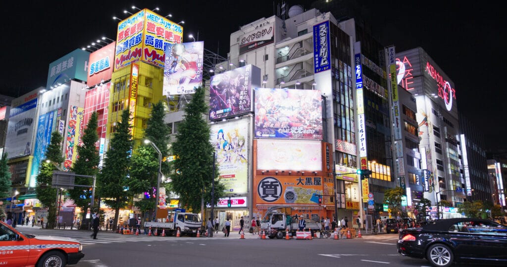 Tokyo, Japan 28 June 2019: Akihabara district in Tokyo city at night