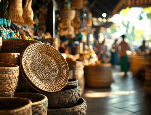 Ubud market showcases handmade crafts and woven baskets with lively interactions among shoppers AI image from Adobe License purchased