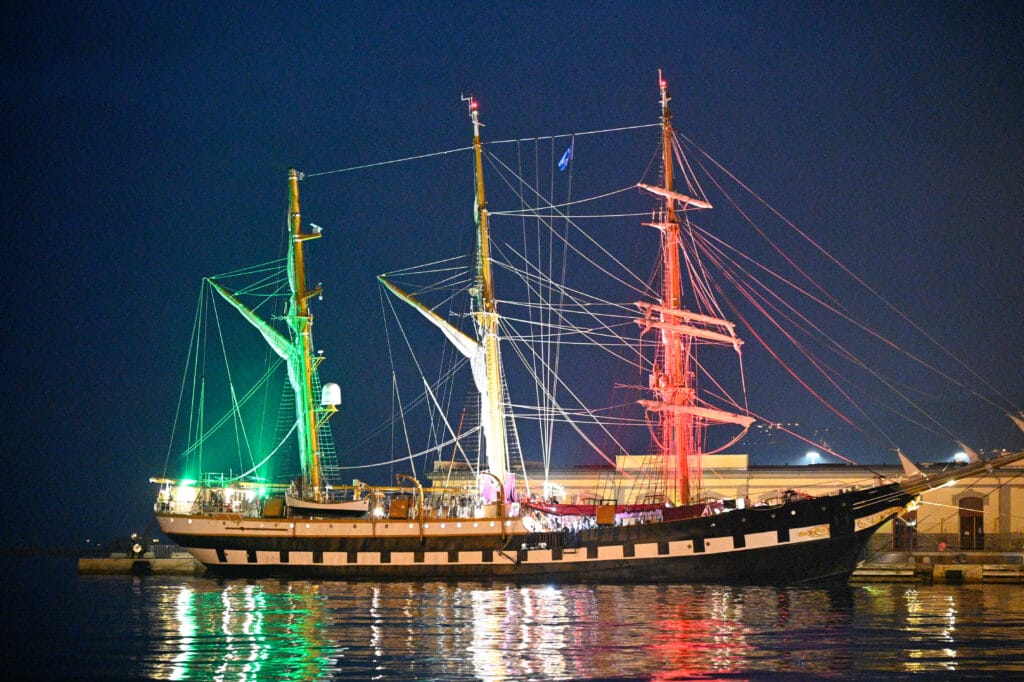 Trieste Waterfront Tall Ship in red, green and white.