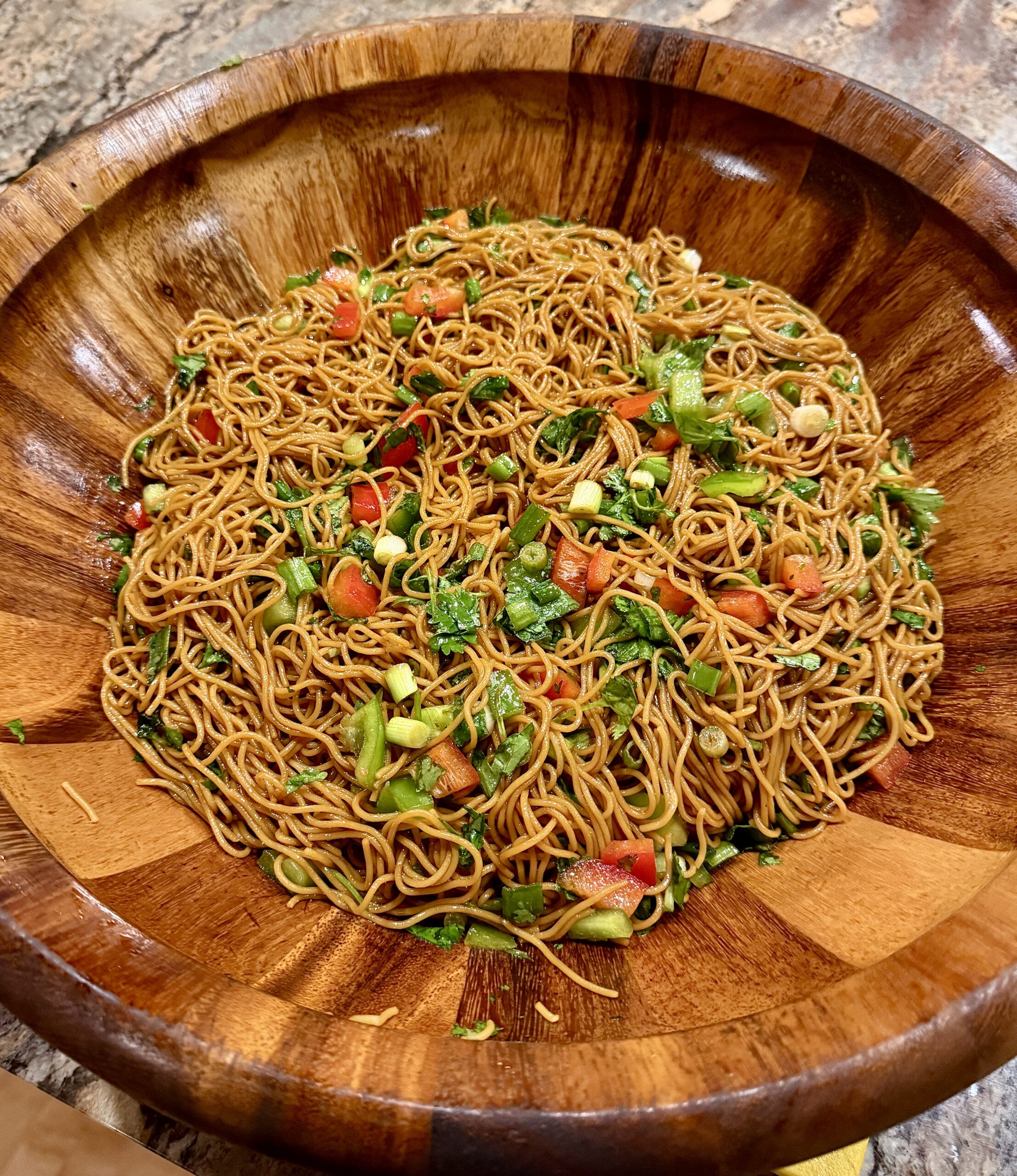 About Us Wanderers Compass, Sesame Capellini with Sweet Peppers and Scallions