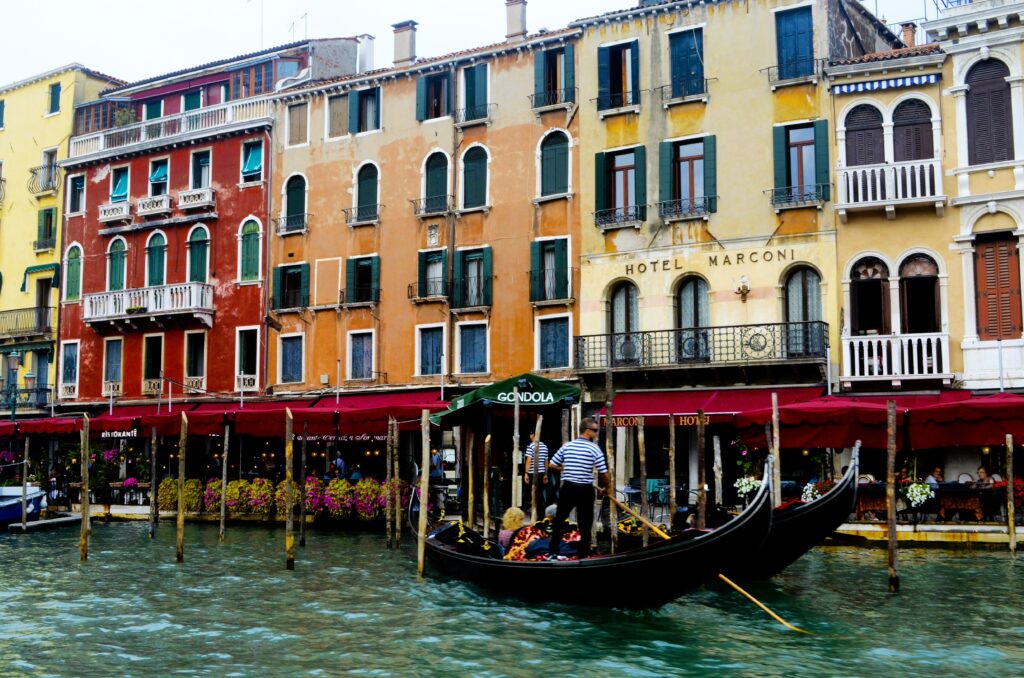 Water scene with gondolas in Venice